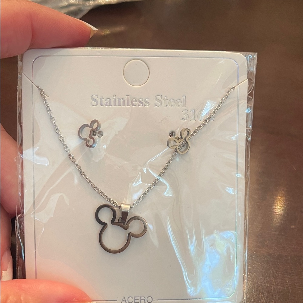 Stainless Steel Mickey Mouse Necklace and Earrings Set